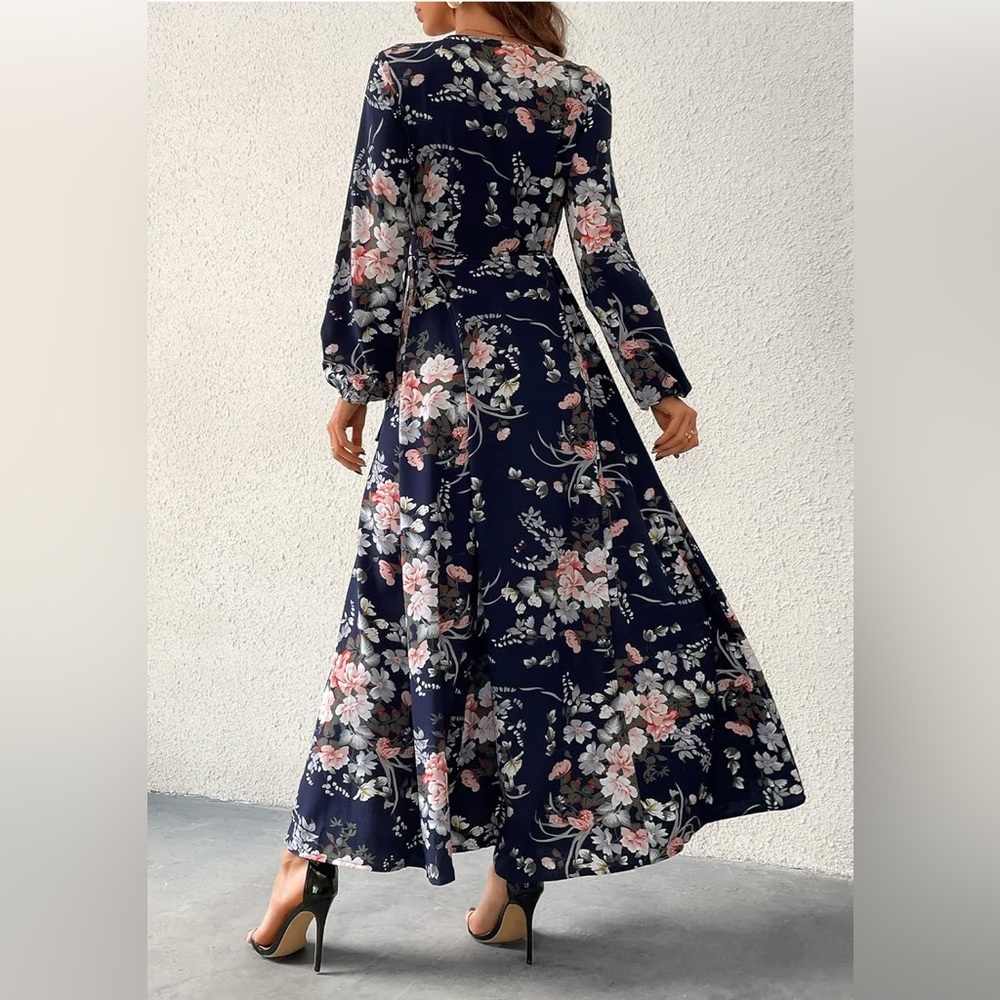 CUPSHE Floral Print Maxi Dress A-line Long Sleeves Wrap Dress- size M (8-10) - Picture 6 of 16